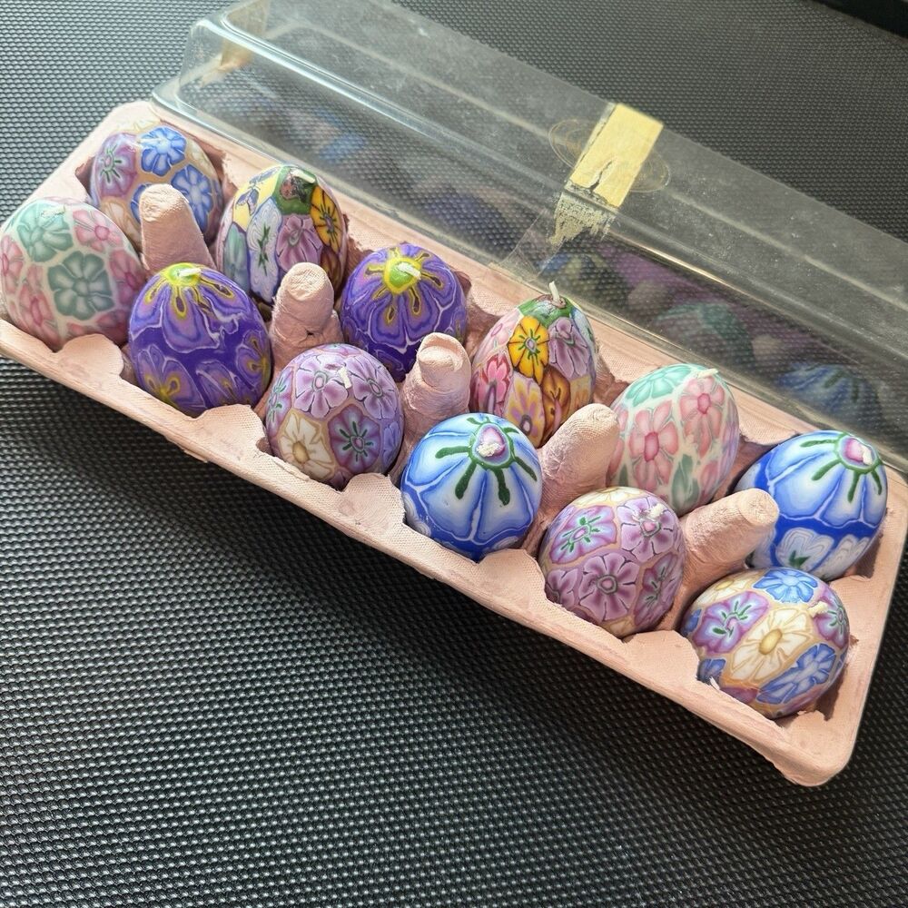 Vintage Dozen (12) Tiffany Egg Shaped Wax Candles Floral Designs In Carton